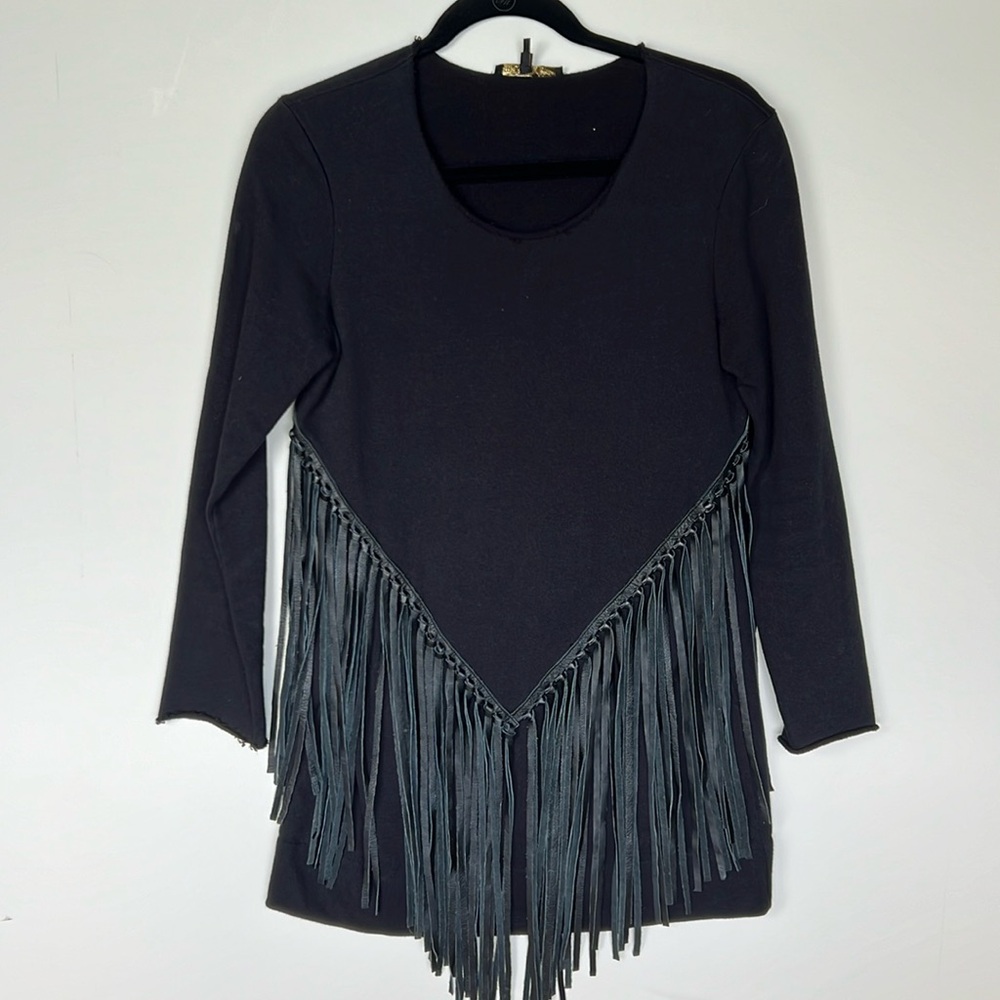 Maje Black Leather Tassel Sweatshirt Dress Size 1